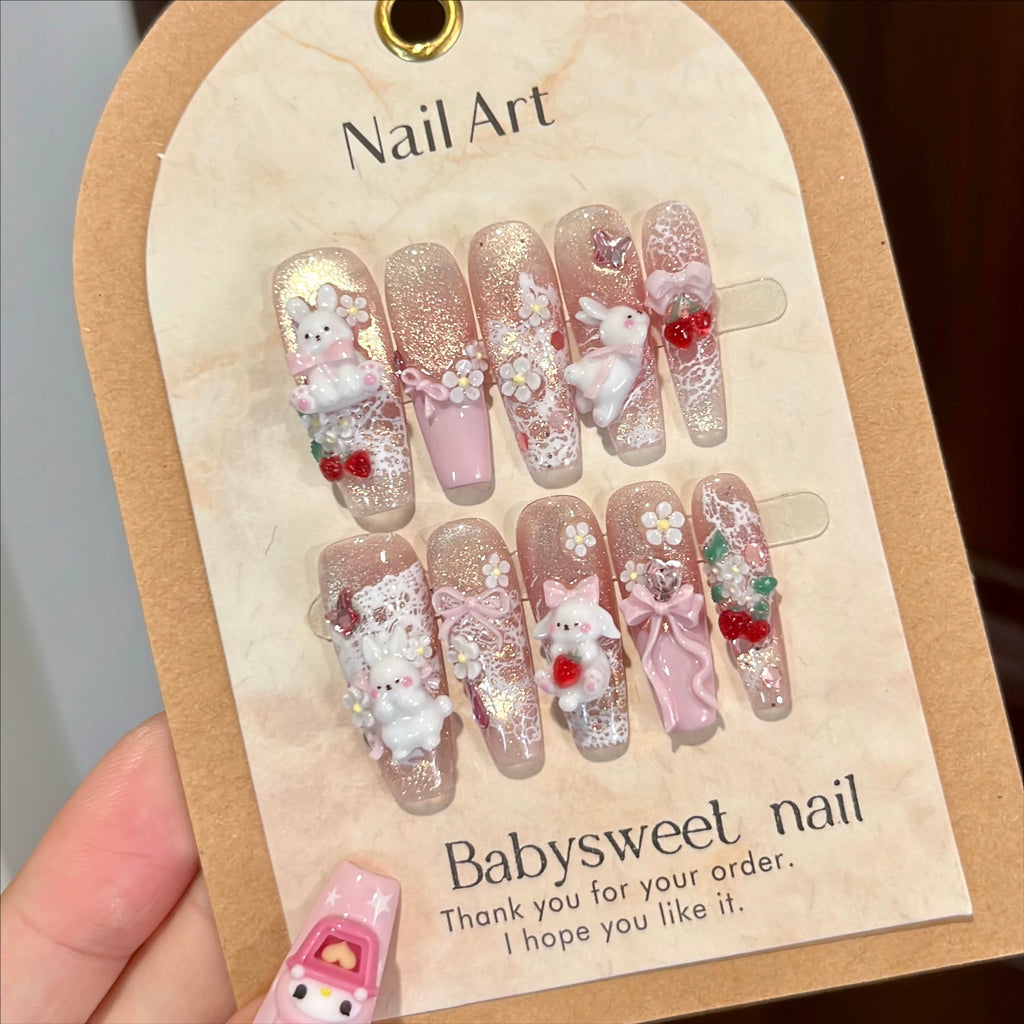 Babysweetnail Strawberry Bunny Nail Art Wedding Nail Art Handmade Nail Art Spring Nail Art - Custom Designs Based on Your Images