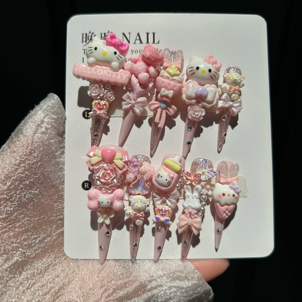 Adorable pink Hello Kitty handmade nail art, cute cartoon Hello Kitty nail stickers, ready-made false nails