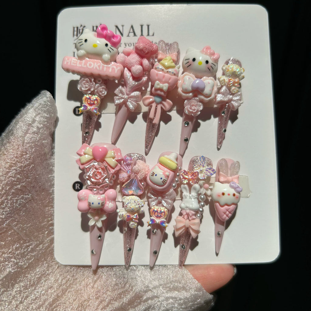 Adorable pink Hello Kitty handmade nail art, cute cartoon Hello Kitty nail stickers, ready-made false nails