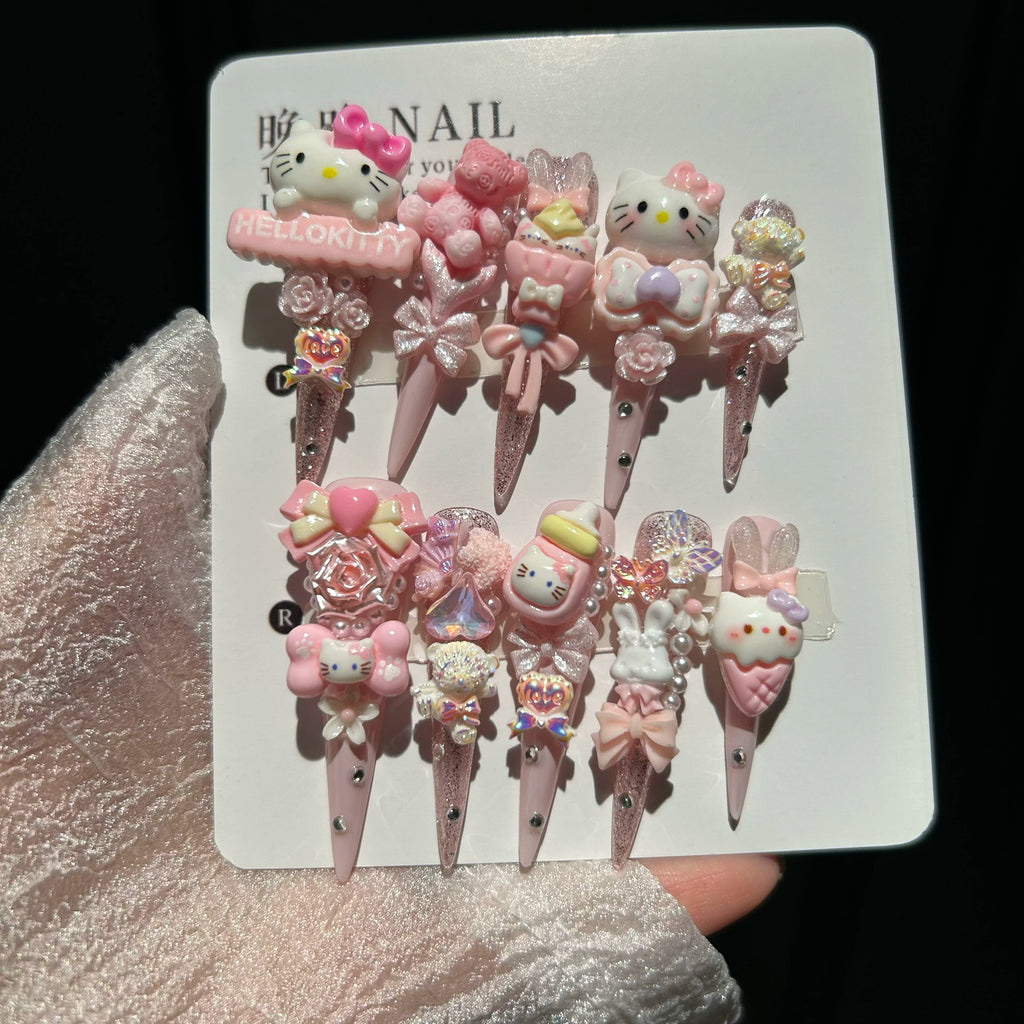 Adorable pink Hello Kitty handmade nail art, cute cartoon Hello Kitty nail stickers, ready-made false nails